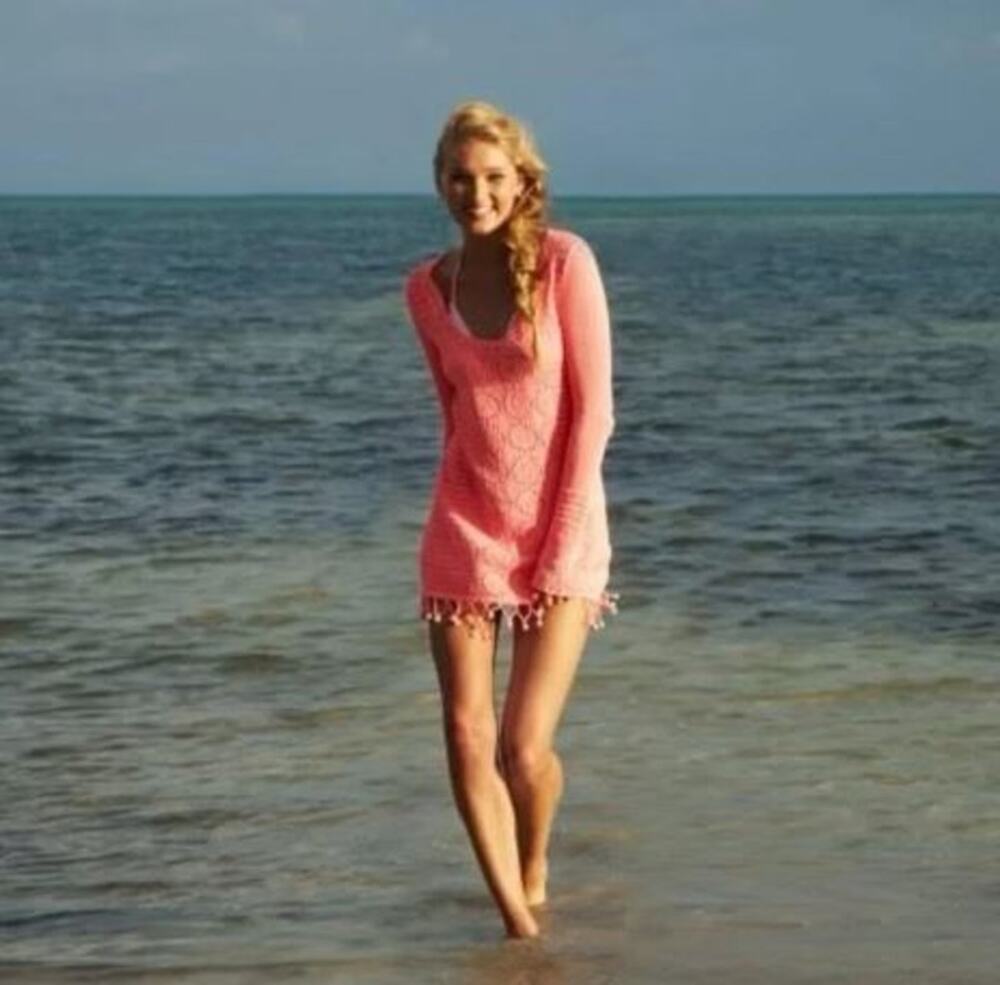 Lilly Pulitzer Coral Melon Athena Crochet Tunic Sweater Beach Cover Up Bright M